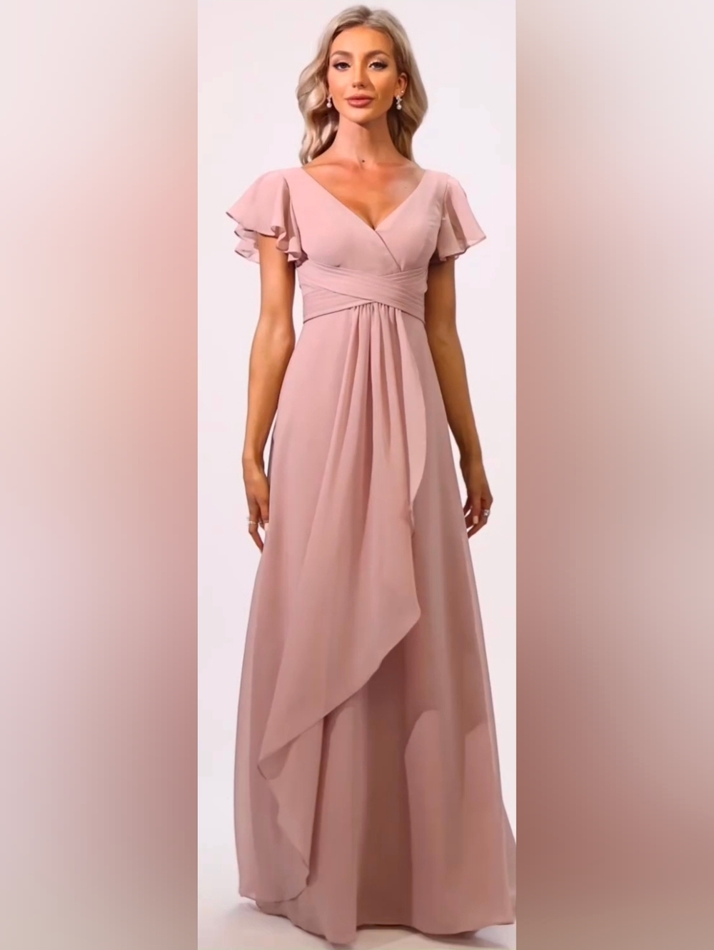 Blush Pink Flutter Sleeve Maxi Dress Bridesmaid Dress